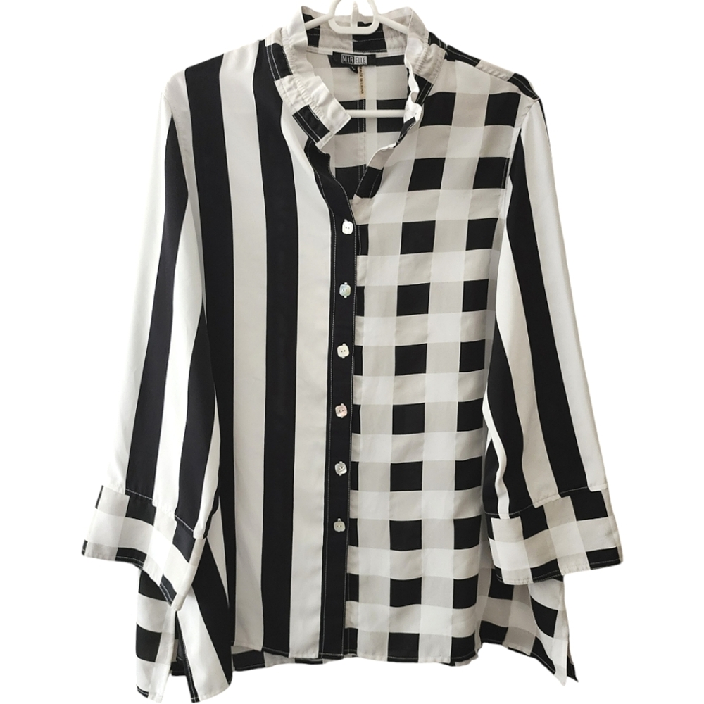 MiRELLE Black & White Contrast Striped & Plaid Ruffle Stand Collar Blouse Size L